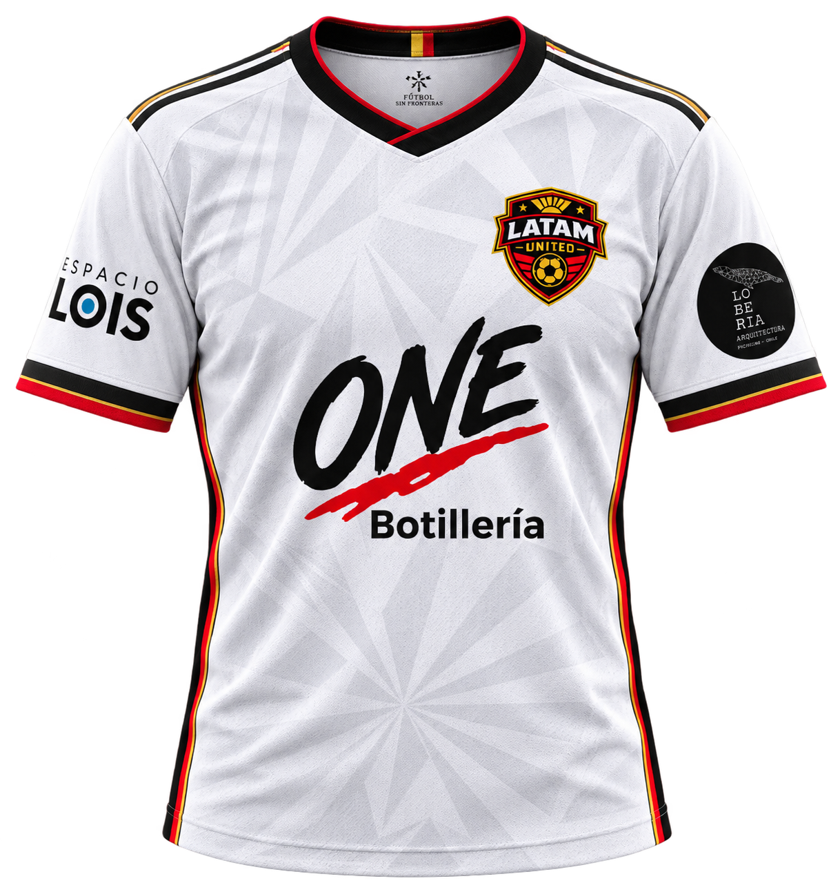 Camiseta oficial blanca de LATAM UNITED con sus auspiciadores